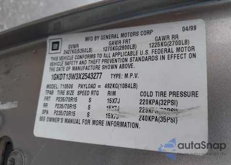 1999 GMC Jimmy Sle z USA, uszkodzony, nr VIN 1GKDT13W3X2543277
